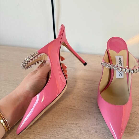 Jimmy Choo Bing 100 Mules Pink Patent Leather Crystal Embellished Pointed Toe - Picture 6 of 11